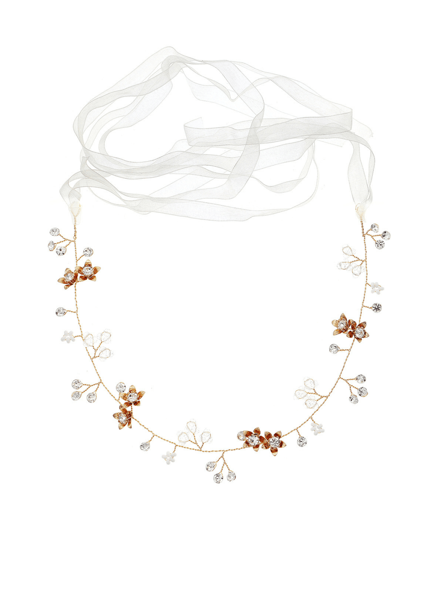 Ethereal Crystal Blossom Bridal Hair Wrap – Gold & Amber Ribbon - cllovestudio