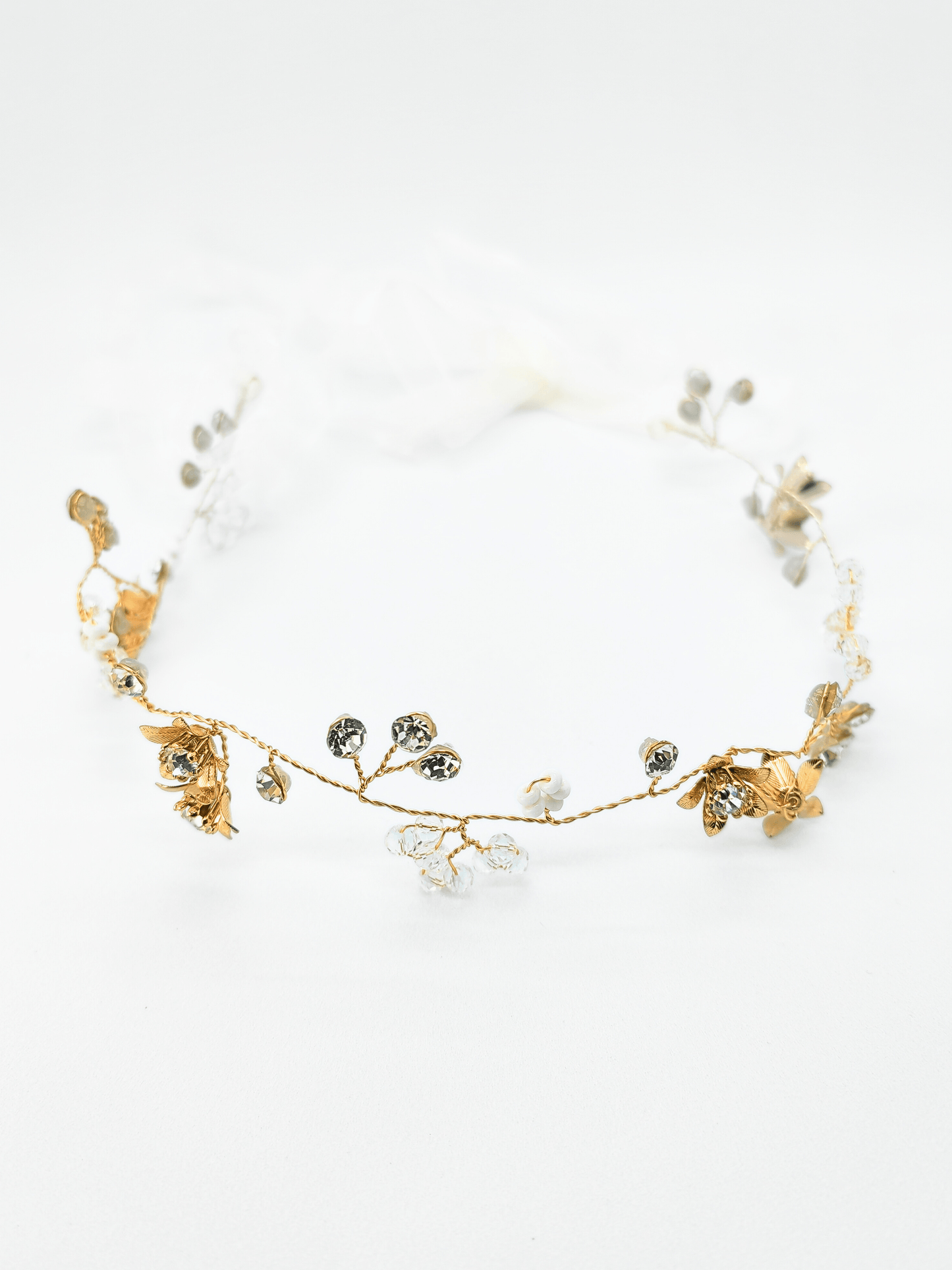 Ethereal Crystal Blossom Bridal Hair Wrap – Gold & Amber Ribbon - cllovestudio