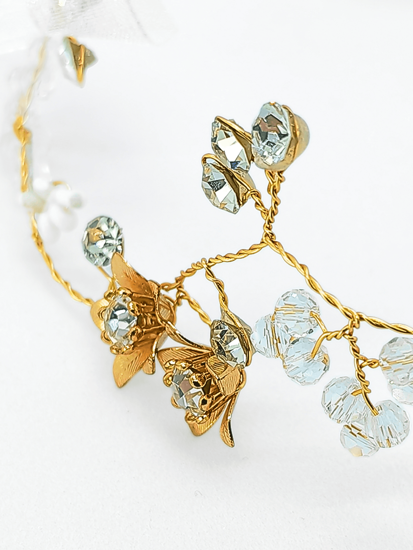 Ethereal Crystal Blossom Bridal Hair Wrap – Gold & Amber Ribbon - cllovestudio