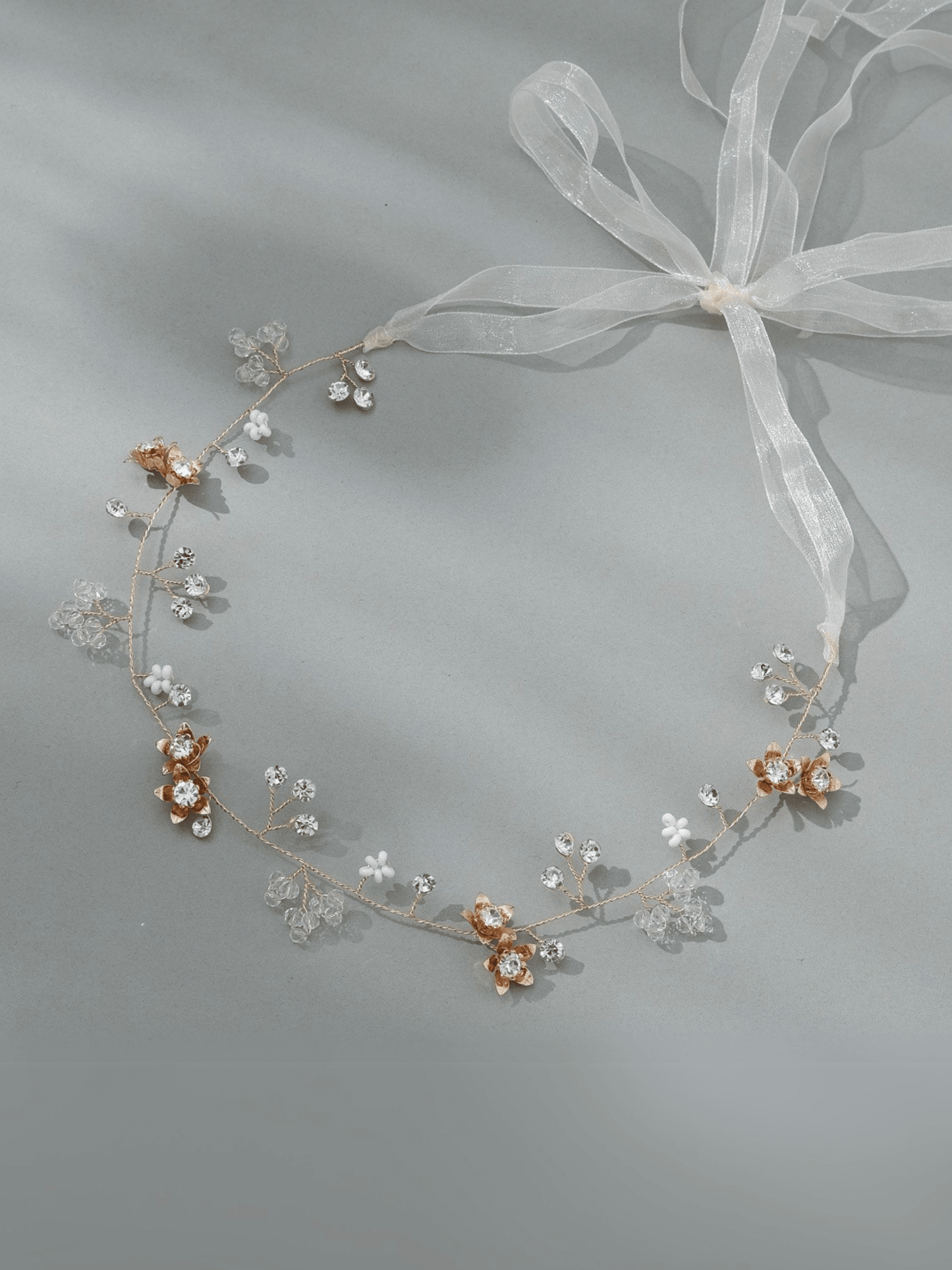 Ethereal Crystal Blossom Bridal Hair Wrap – Gold & Amber Ribbon - cllovestudio