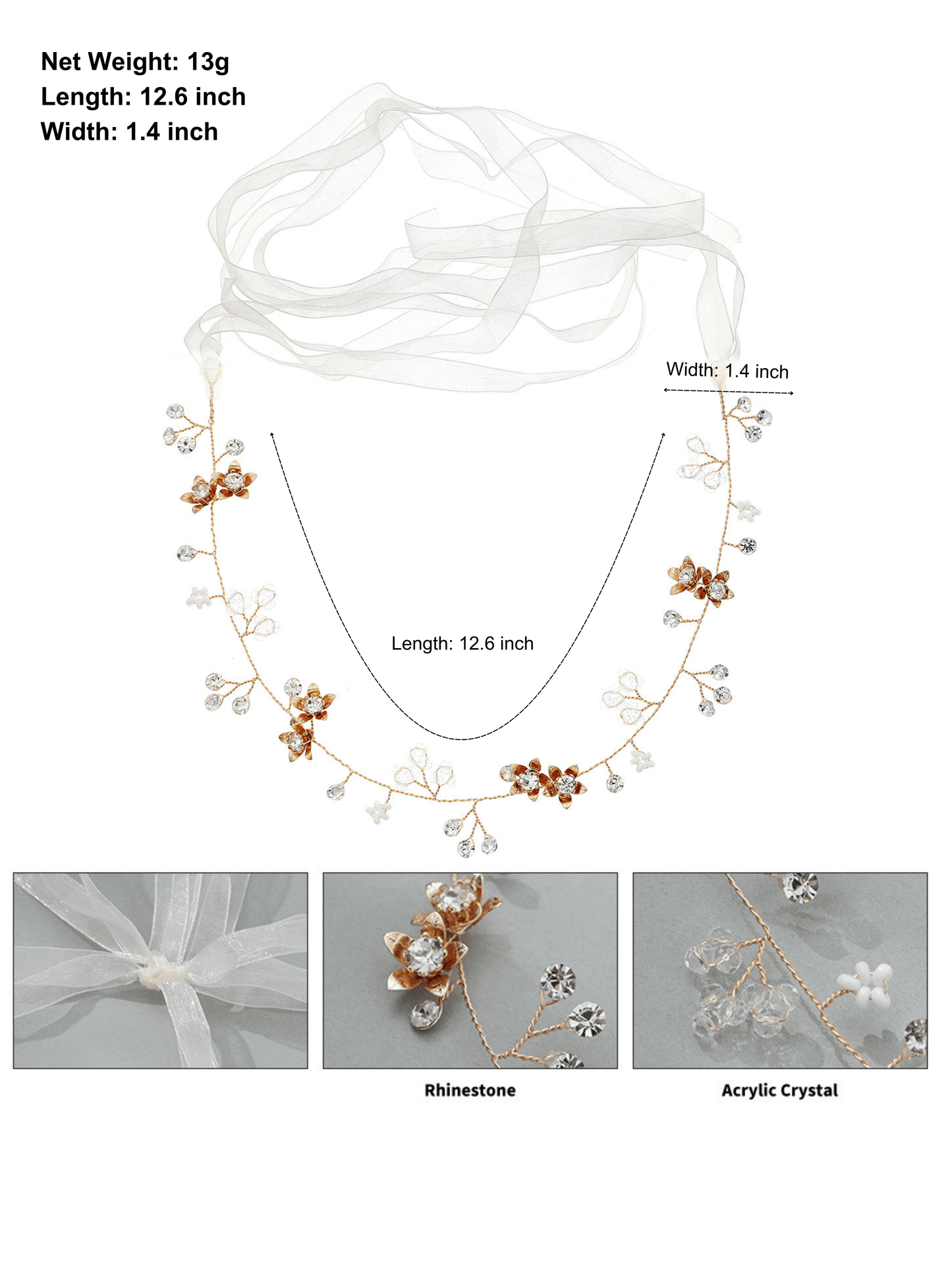 Ethereal Crystal Blossom Bridal Hair Wrap – Gold & Amber Ribbon - cllovestudio