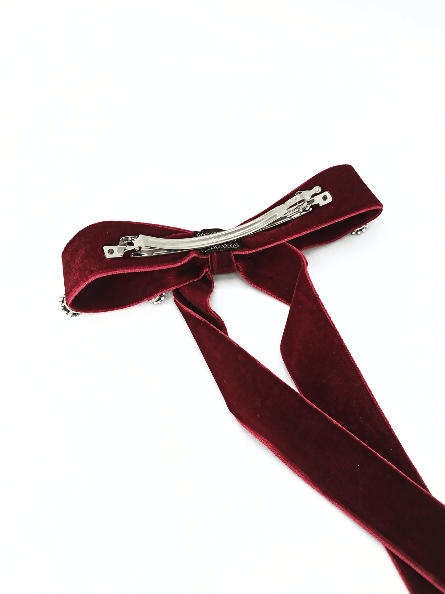 Floral Crystal Embellished Velvet Bow Hair Clip - Burgundy - cllovestudio