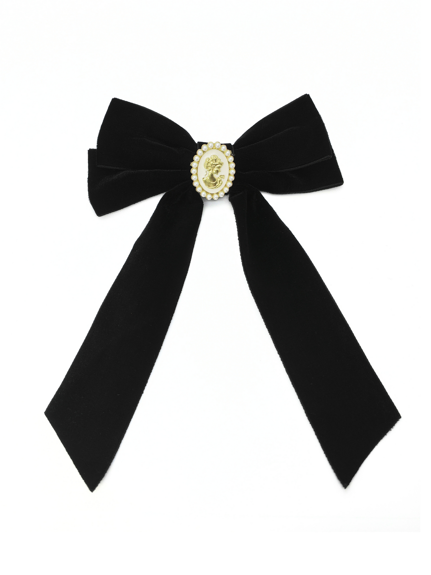 Cameo Pearl Embellished Long Velvet Bow Hair Clip - cllovestudio