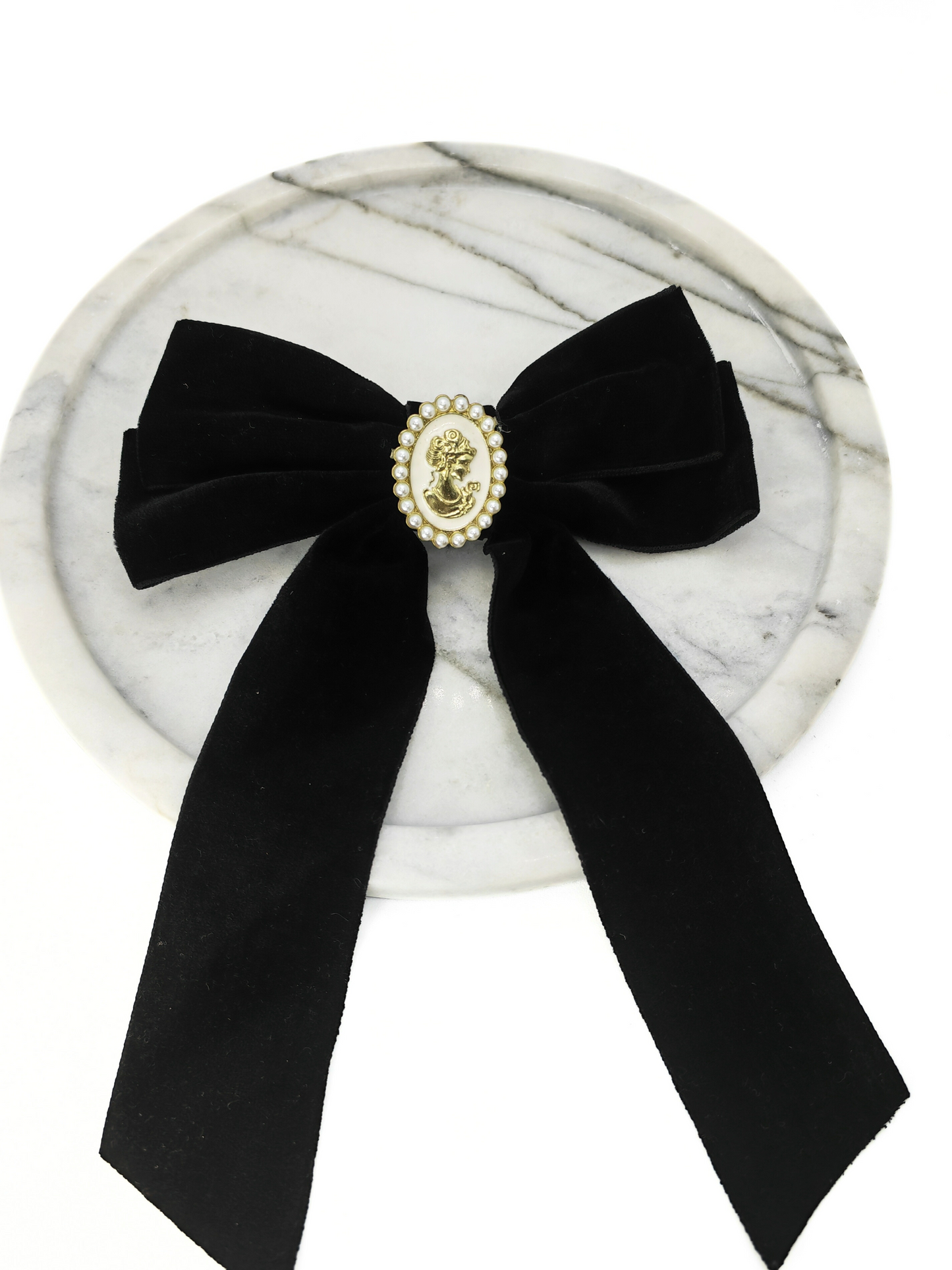 Cameo Pearl Embellished Long Velvet Bow Hair Clip - cllovestudio