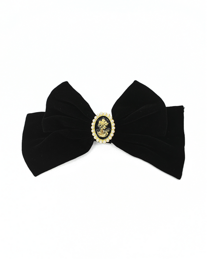 Cameo Pearl Embellished Short Velvet Bow Hair Clip - cllovestudio