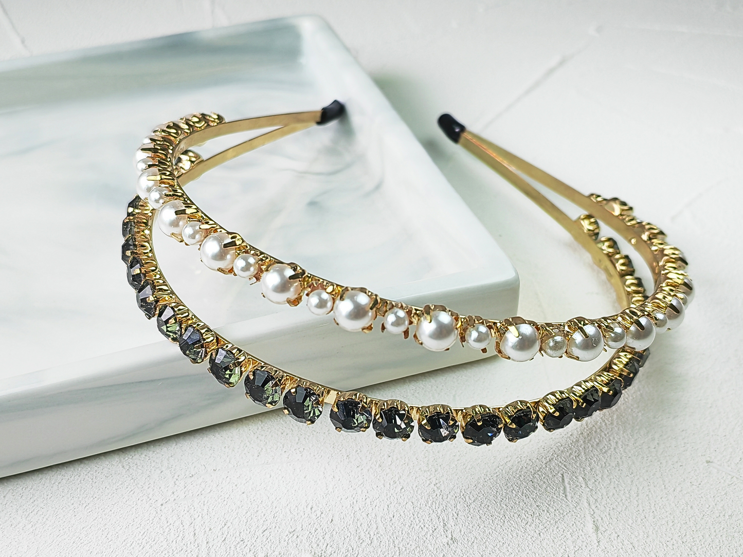 Pearl & Rhinestone Double Row Gold Headband - cllovestudio