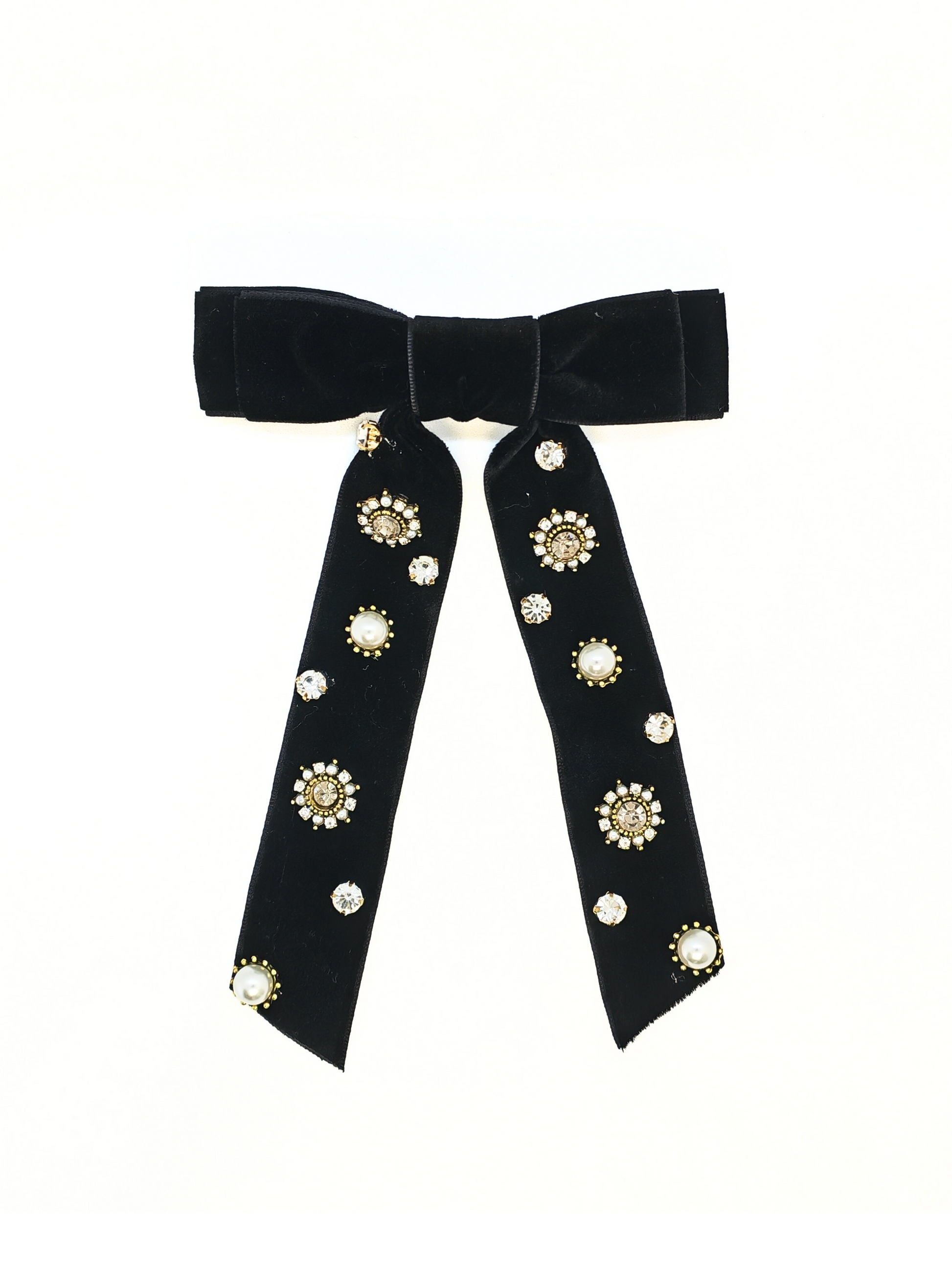 Rhinestone & Pearl Embellished Velvet Bow Hair Clips - cllovestudio