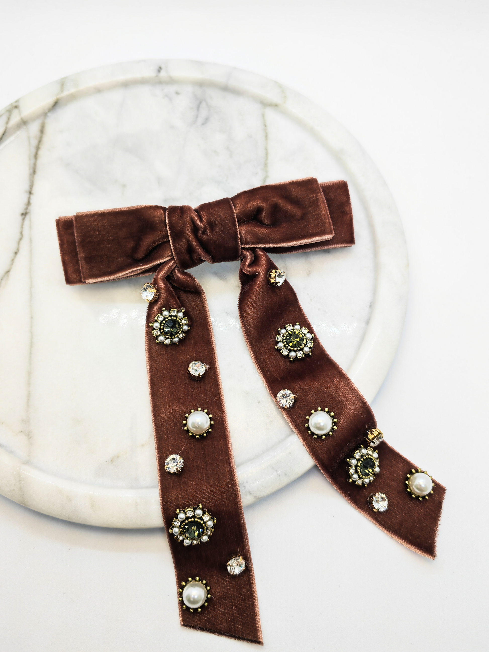 Rhinestone & Pearl Embellished Velvet Bow Hair Clips - cllovestudio