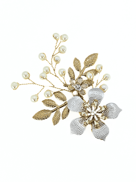 Vintage Pearl & Metallic Floral Bridal Hair Clip - cllovestudio