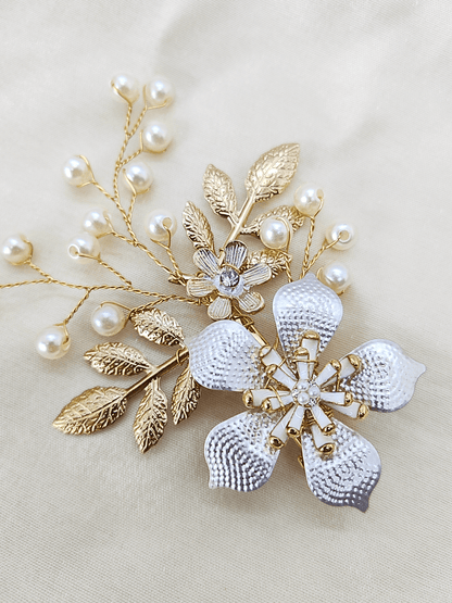 Vintage Pearl & Metallic Floral Bridal Hair Clip - cllovestudio